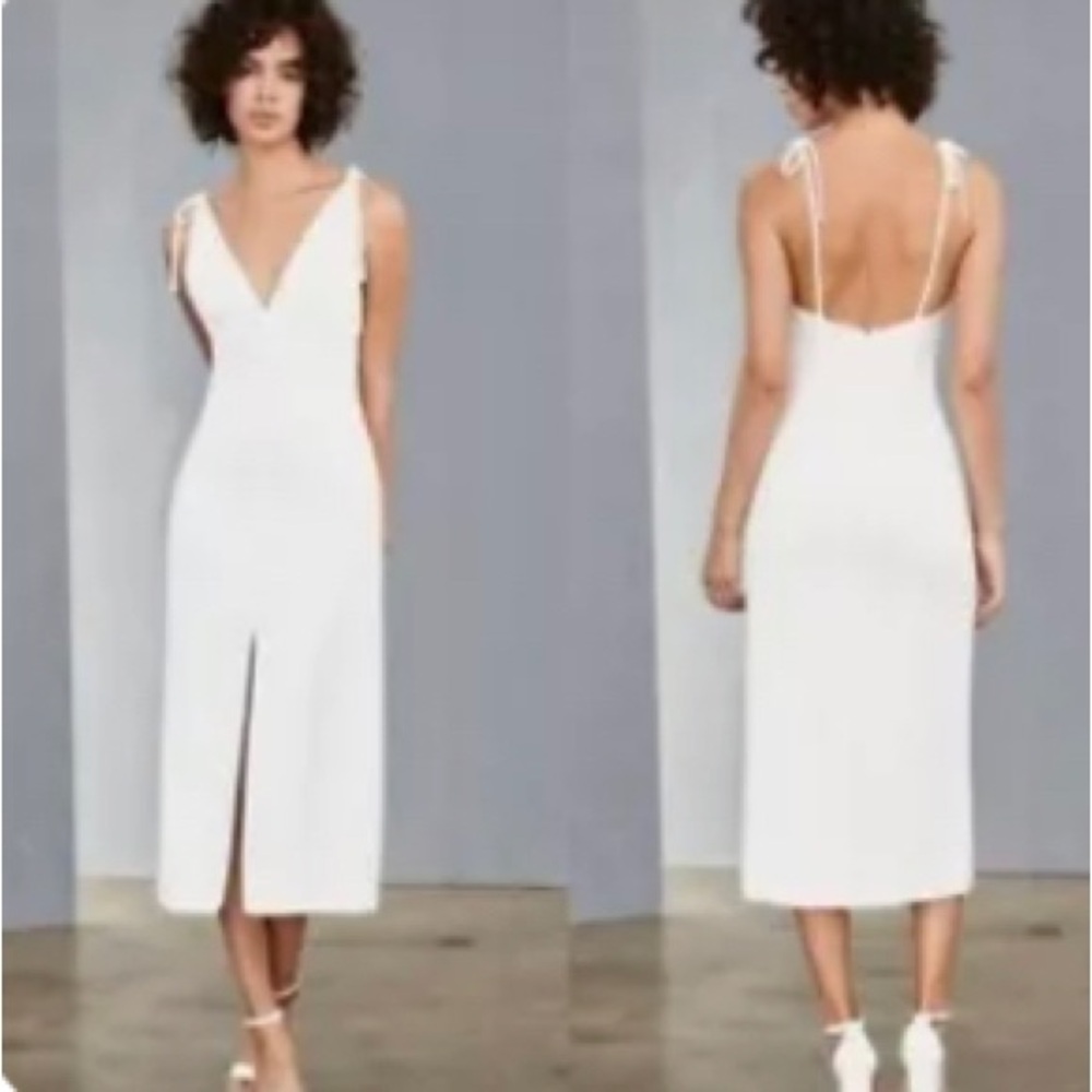 Amsale Little White Dress Crepe V-Neck Tie Shoulder Front Slit New without tags